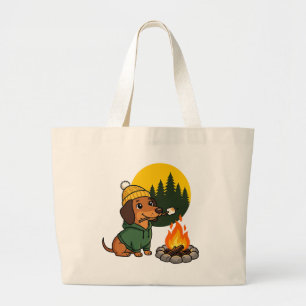 Grand Tote Bag Dachshund de camping faisant griller une guimauve