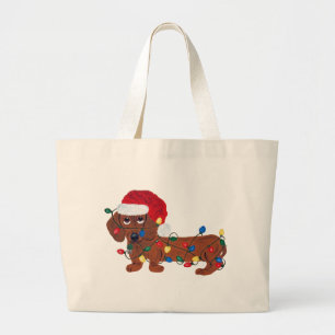 Grand Tote Bag Dachshund emmêlé dans les lumières de Noël