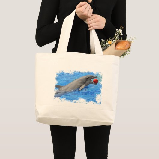 Grand Tote Bag Dauphin à bec plat nageant avec boule rouge (Devant (produit))