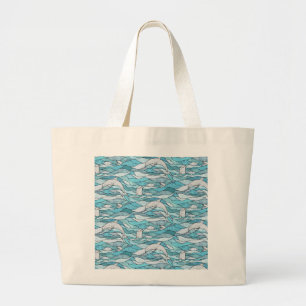 Grand Tote Bag Dauphins de verre tendu de l'océan bleu