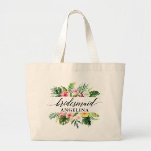 Grand Tote Bag Demoiselle d'honneur de calligraphie florale tropi