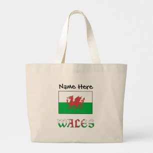 Grand Tote Bag Drapeau gallois du Pays de Galles Nom personnalisé
