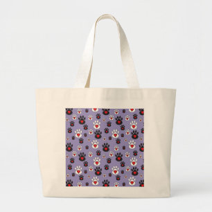 Grand Tote Bag Empreintes de pattes avec des cœurs rouges sur fon