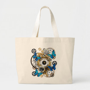 Grand Tote Bag Engrenages Steampunk et papillons bleus