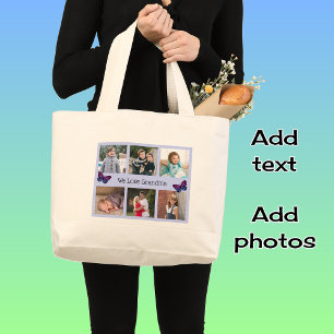 Grand Tote Bag Famille 6 photos texte personnalisé bleu cadre pap