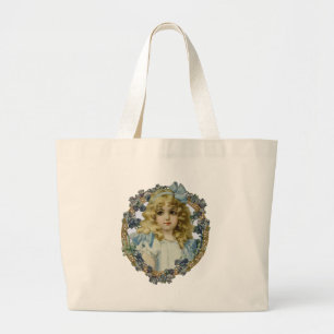 Grand Tote Bag Fille Vintage avec Nœud Bleu et Fleurs de Style Vi