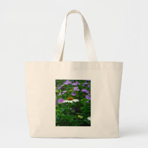 Grand Tote Bag Fleur de cône blanc, fleurs pourpres et papillon
