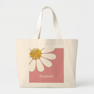 Grand Tote Bag Fleur Retro Blanc Personnaliser le nom