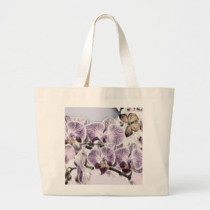 Grand Tote Bag Fleurs d'orchidées roses et dessin de papillon