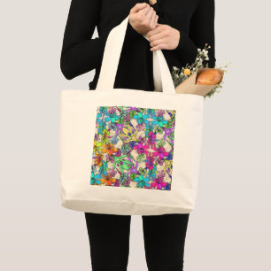 Grand Tote Bag Fleurs tropicales Chevron naturel fourre-tout
