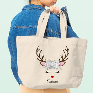Grand Tote Bag Floral Christmas Reindeer Nom personnalisé
