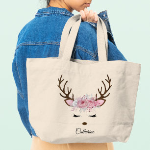 Grand Tote Bag Floral Christmas Reindeer Nom personnalisé