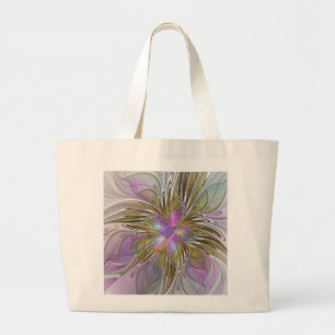 Grand Tote Bag Floral Coloré Abstrait Fractal Avec Rose & Or