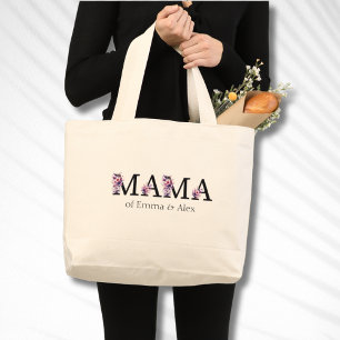 Grand Tote Bag Floral Mama Texte Personnalisé Noms des enfants