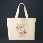 Grand Tote Bag Floral rose Blush or Monogramme Bridesmaid<br><div class="desc">Aquarelle rose Blush Floral Or Monogram Bridesmaid Sac fourre-tout - Grand</div>