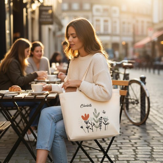 Grand Tote Bag Floral Whimsical moderne Nom personnalisé