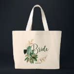 Grand Tote Bag Foliage Tropical Wreath Greenery Gold Bride<br><div class="desc">Foliage Tropical Vert tendance et couronne d'or Sacs fourre-tout de mariées personnalisées - avec couronne de feuilles tropicales. Une idée amusante de tenir tous les besoins mariages pour la mariée, dans une palette de couleurs audacieuses de verts riches, d'émeraude et d'or. Ce design est parfait pour une plage, une destination...</div>