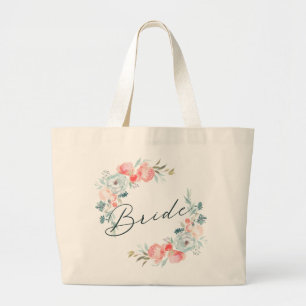 Grand Tote Bag French Garden Floral Wreath & Calligraphy Bride
