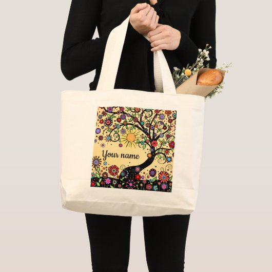 Grand Tote Bag Fun Cheery Flowers et Whimsical Tree (Devant (produit))