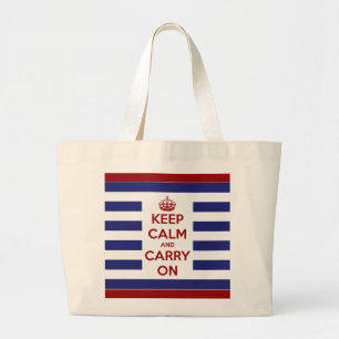 Grand Tote Bag Gardez le calme et continuez blanc et bleu rouges