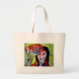 Grand Tote Bag Geisha japonais avec ventilateur aquarelle origina