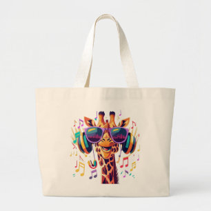 Grand Tote Bag Girafe de fête colorée cool avec casque