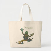 Grand Tote Bag Grenouille cool verte et dorée fractée avec nom (Devant)