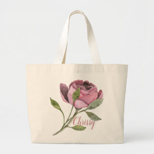 Grand Tote Bag Grosse fleur rose avec nom