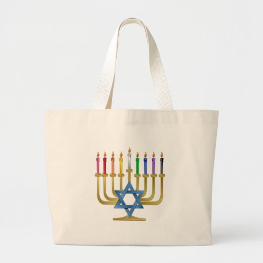 Grand Tote Bag Hanoukka Rainbow Candles Gold Menorah (Devant)