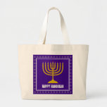 Grand Tote Bag HANUKKAH Star David Menorah<br><div class="desc">Stylish bag est mort with gold colored menorah and silver colored star of David on a royal rich PURPLE background. The greeting HAPPY HANUKKAH is customizable so you can add your name or change the greeting. Other matching items are available in the HANUKKAH Collection by Berean Designs, so you can...</div>