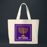 Grand Tote Bag HANUKKAH Star David Menorah<br><div class="desc">Stylish bag est mort with gold colored menorah and silver colored star of David on a royal rich PURPLE background. The greeting HAPPY HANUKKAH is customizable so you can add your name or change the greeting. Other matching items are available in the HANUKKAH Collection by Berean Designs, so you can...</div>