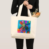 Grand Tote Bag Happy Flower's art rose et bleu stylo et encre (Devant (produit))