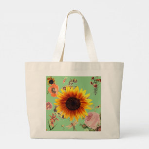 GRAND TOTE BAG HAPPY SEED CUSTOM INITIAL TOTE VINTAGE FLOWERS