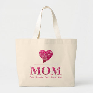 Grand Tote Bag Heart MOM rose floral mignon Noms personnalisés