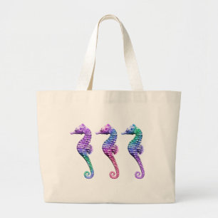 Grand Tote Bag Hippocampes dans pourpre et vert bleus