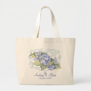 Grand Tote Bag Hortensias bleus, papillon et floral moderne de