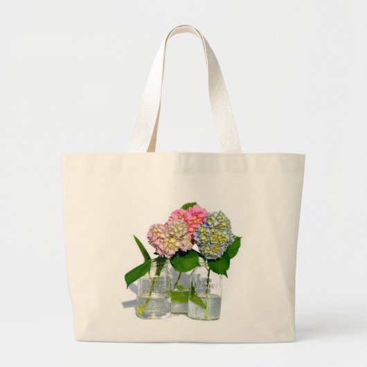 Grand Tote Bag Hydrangées florales rose pâle bleu jaune vert (Devant)