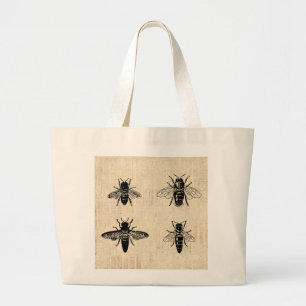 Grand Tote Bag Illustration d'abeilles Art antique Conception Vin