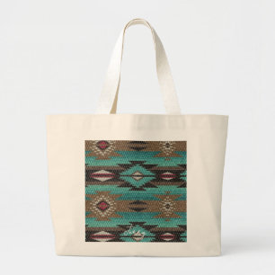 Grand Tote Bag Imprimé Texturé Inspiré des Indigènes Turquoise Ro