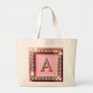 Grand Tote Bag Initiale A Diamant Cadre Doré Paillettes Roses Mon