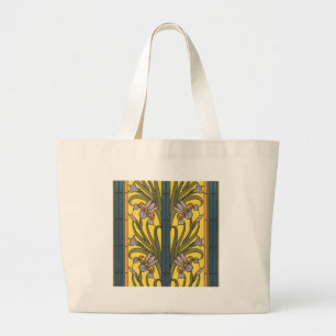 Grand Tote Bag Iris Fleur Art Nouveau Vitrail Bleu Or