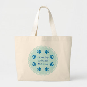 Grand Tote Bag J'aime mes empreintes de pattes bleus #2 de la