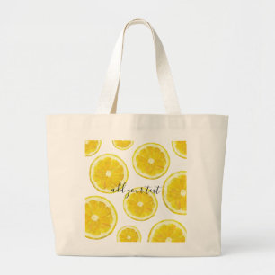 Grand Tote Bag Jaune tranche de citron frais texte personnalisé