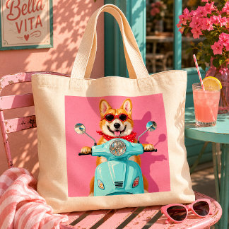 Grand Tote Bag Joli chien Corgi chevauchant un scooter bleu rétro