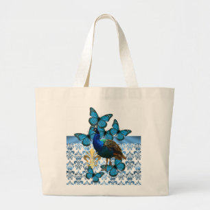 Grand Tote Bag Joli paon et papillons bleus
