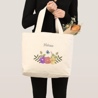 Grand Tote Bag Jolie Fleurs Féminines et Papillon Personnalisé