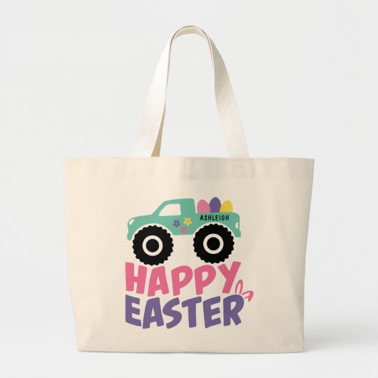 Grand Tote Bag Joyeux Egg de Pâques Camion de Fille Nom moderne (Devant)