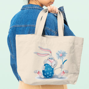 Grand Tote Bag Joyeux Lapin De Pâques Tenant Fleur Et Oeuf