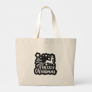 Grand Tote Bag Joyeux Noël avec rennes et arbre de Noël