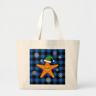 Grand Tote Bag Kawaii Xmas Starfish sur Blue Buffalo Motif